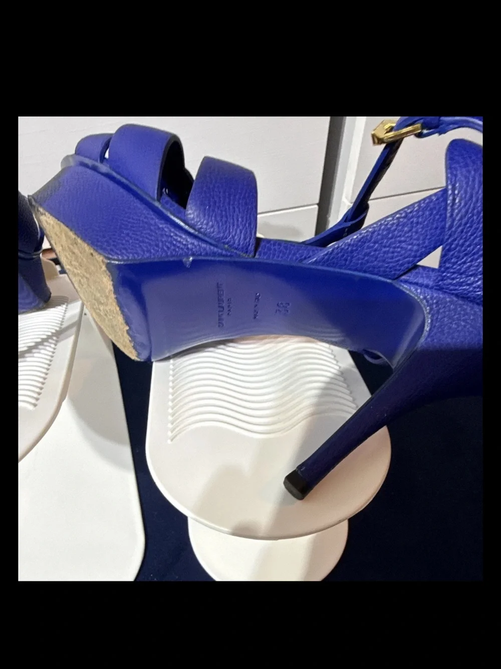 Yves Saint Laurent Tribute Cobalt Blue Leather Platform Sandals with White Sole